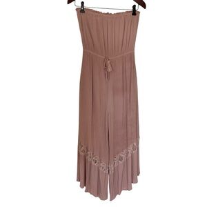 Dusty Pink Jumpsuit Strapless Gauzy Lace Wide Leg S